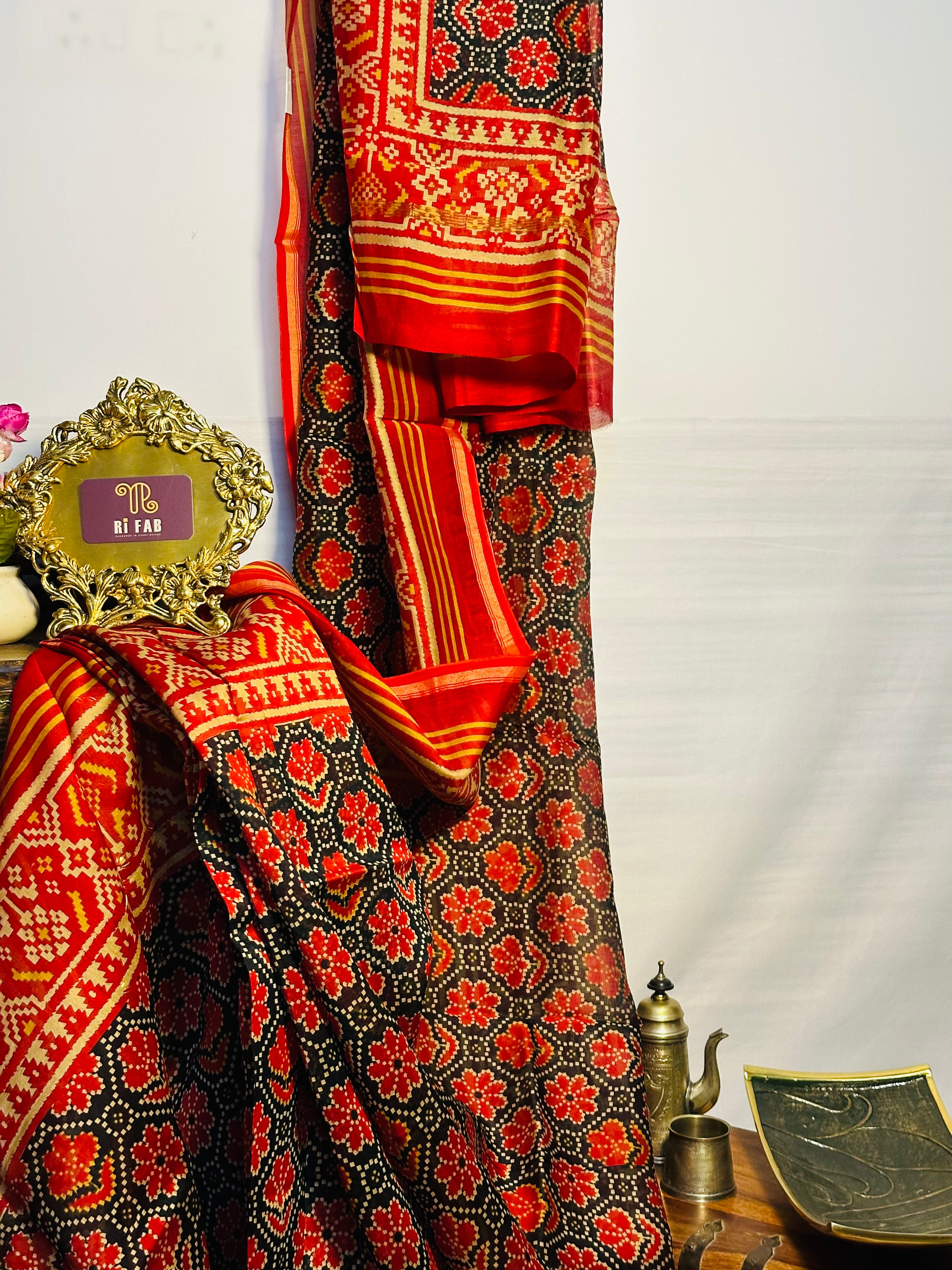 Chanderi Silk Printed Saree with Patola Animal and Floral Motifs