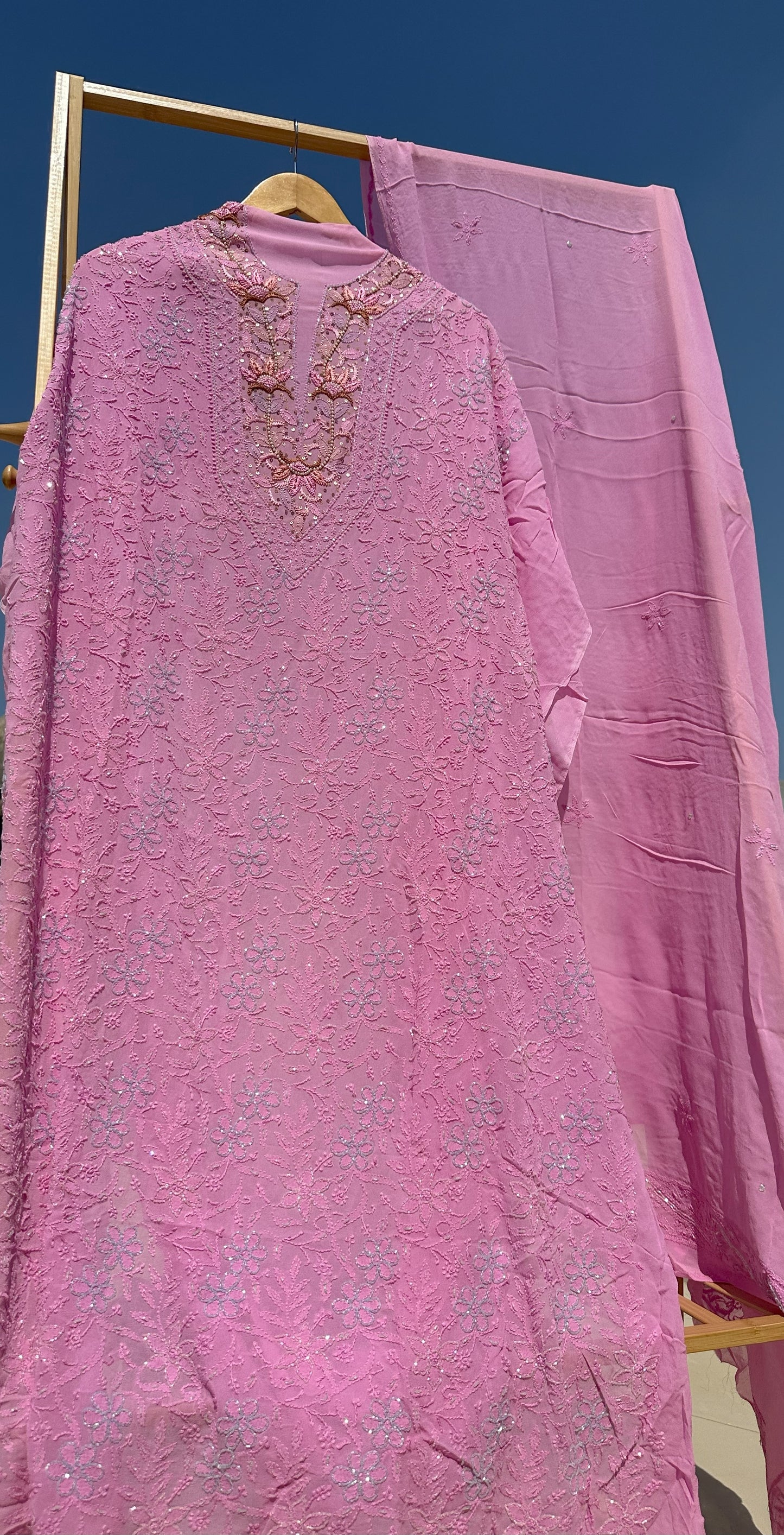 Gulabi Grace Chikankari Parsi Gara Neckline Kurta Dupatta Set