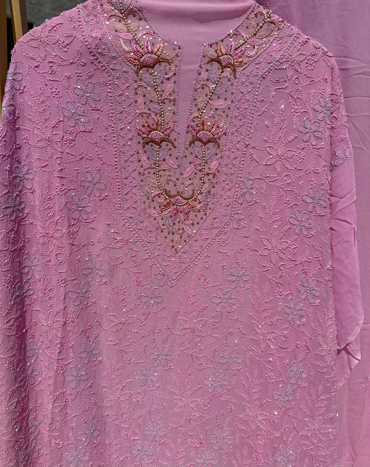 Gulabi Grace Chikankari Parsi Gara Neckline Kurta Dupatta Set