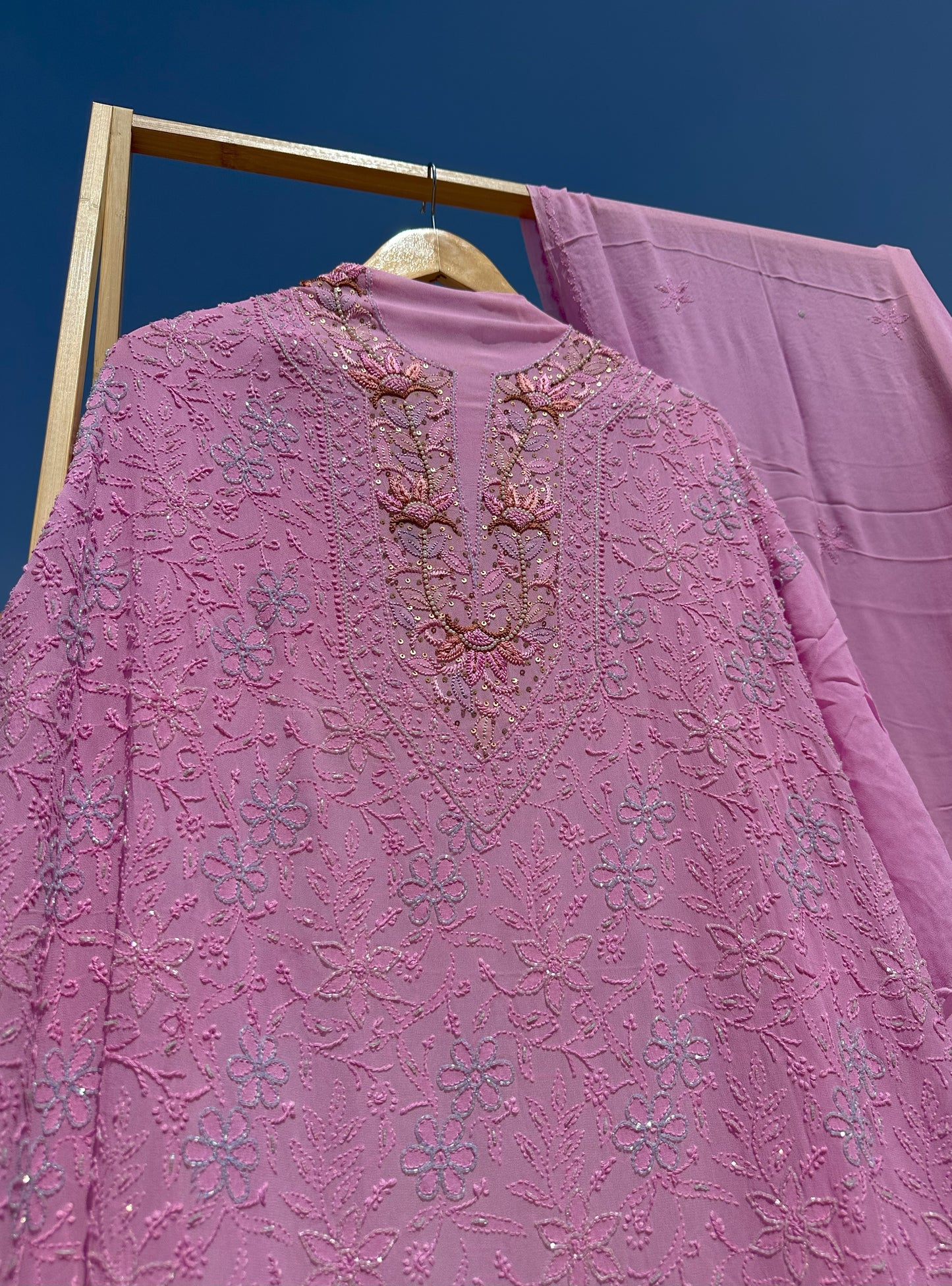 Gulabi Grace Chikankari Parsi Gara Neckline Kurta Dupatta Set