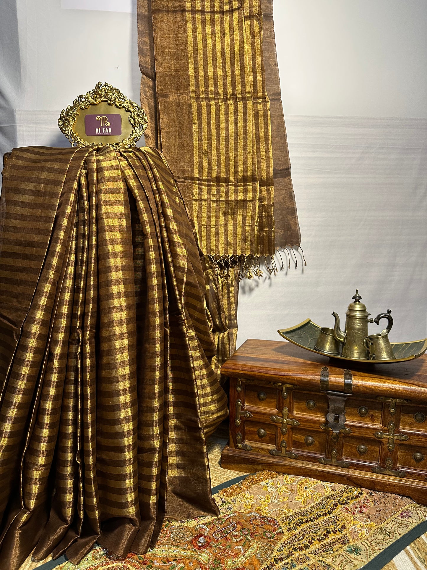 Handloom Stripe Tissue Chanderi Silk Saree in Gold and Coffee Brown - Elegant Traditional Indian Silk Saree for Weddings and Festive Occasions