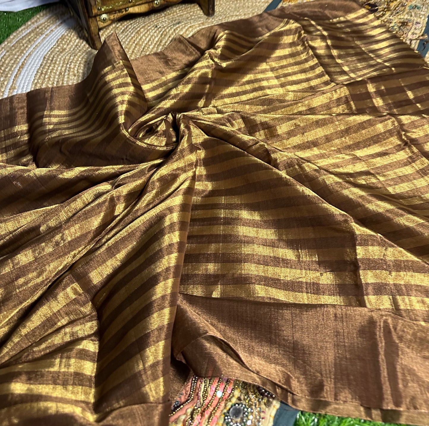 Handloom Stripe Tissue Chanderi Silk Saree in Gold and Coffee Brown - Elegant Traditional Indian Silk Saree for Weddings and Festive Occasions