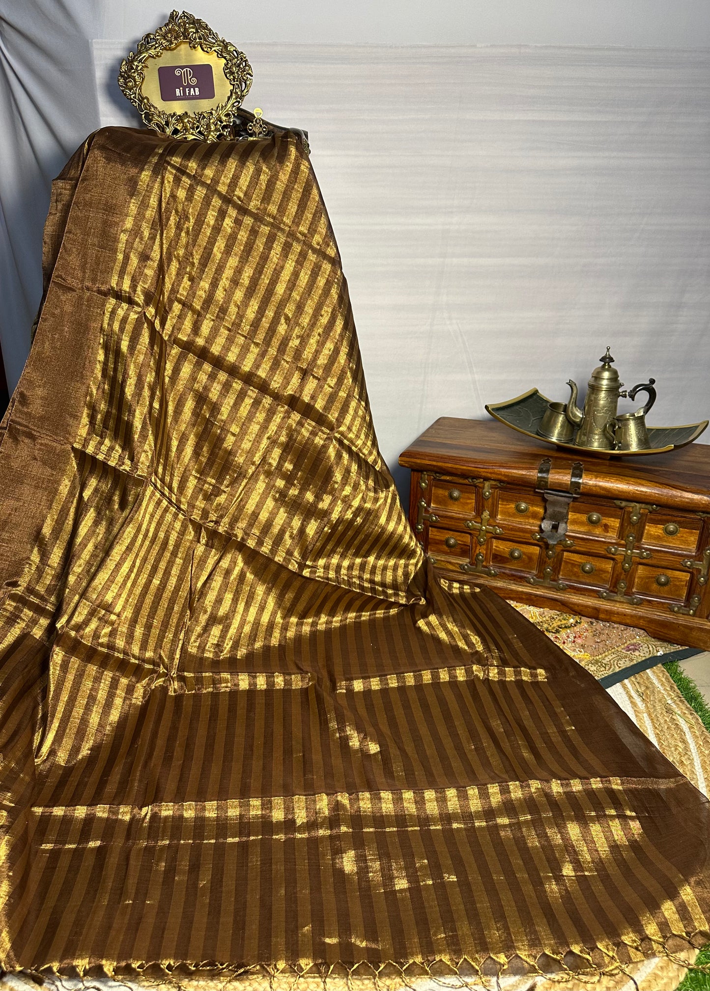 Handloom Stripe Tissue Chanderi Silk Saree in Gold and Coffee Brown - Elegant Traditional Indian Silk Saree for Weddings and Festive Occasions