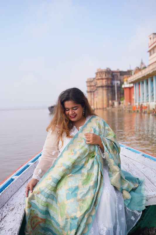 Katan silk Banarasi handloom dupatta with Meenakari