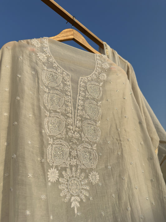 Roohani Mulmul Chikankari Kurta Dupatta Set