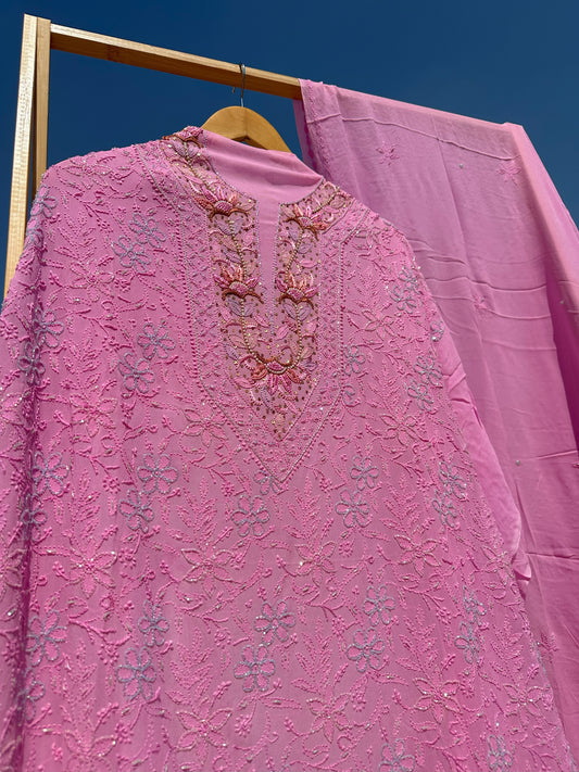 Gulabi Grace Chikankari Parsi Gara Neckline Kurta Dupatta Set