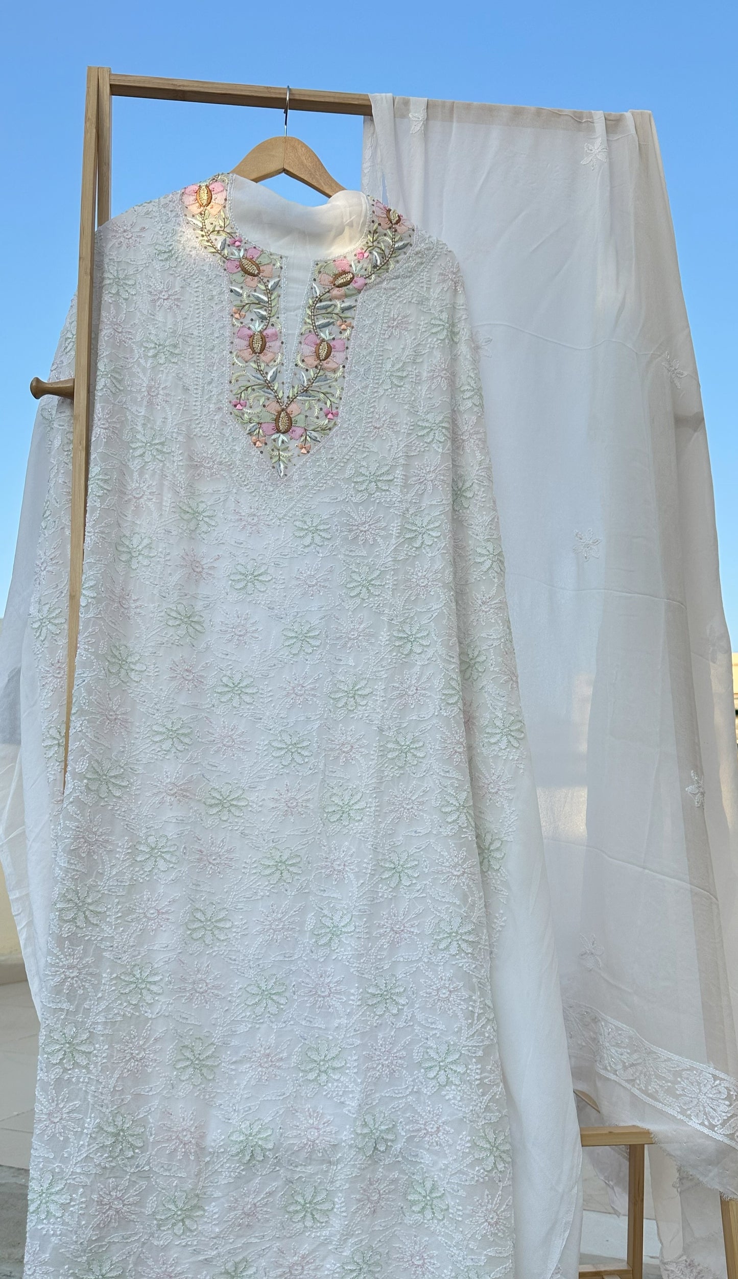 Moti Sheen Chikankari Parsi Gara Neckline Kurta Dupatta Set