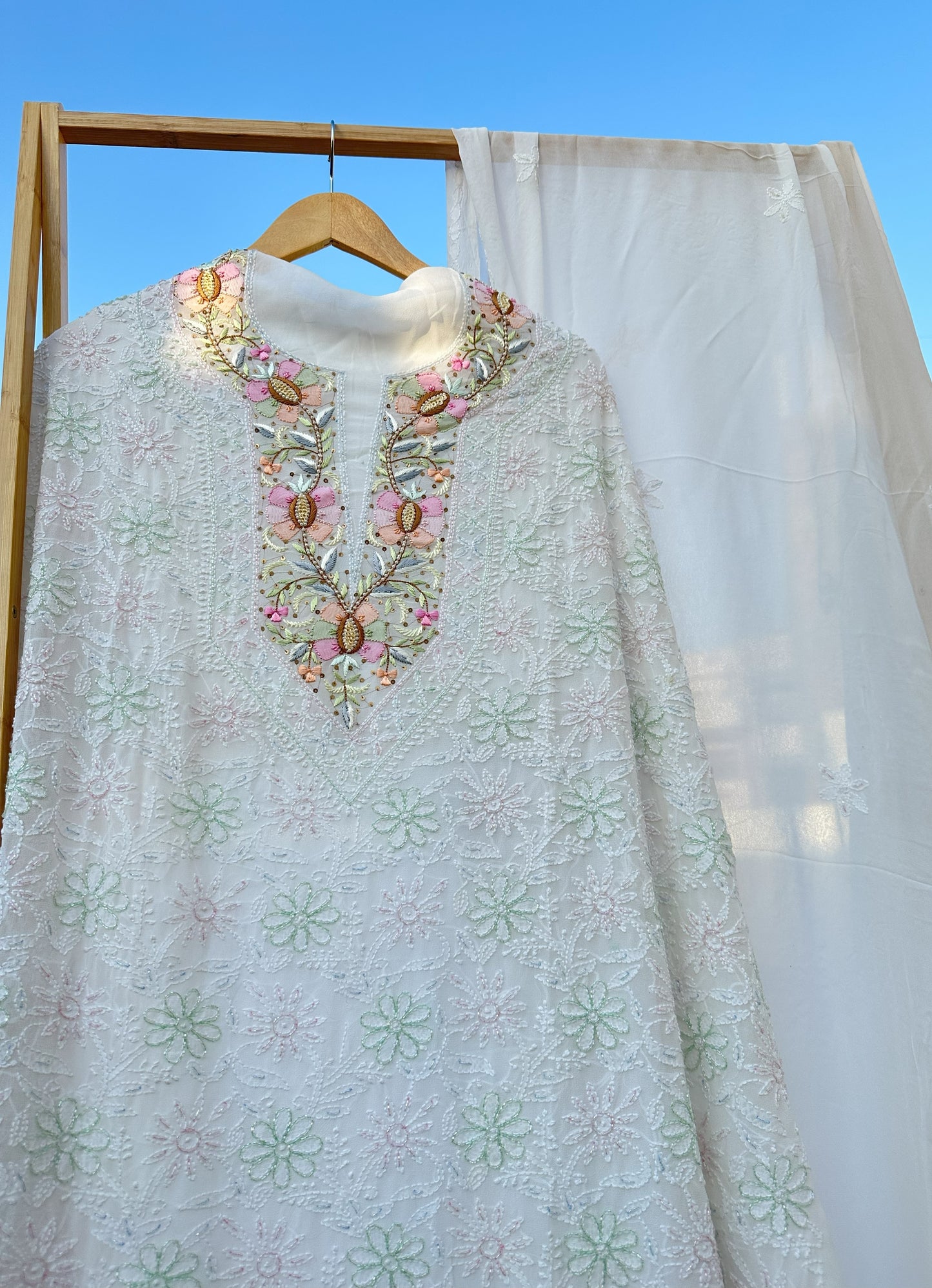 Moti Sheen Chikankari Parsi Gara Neckline Kurta Dupatta Set