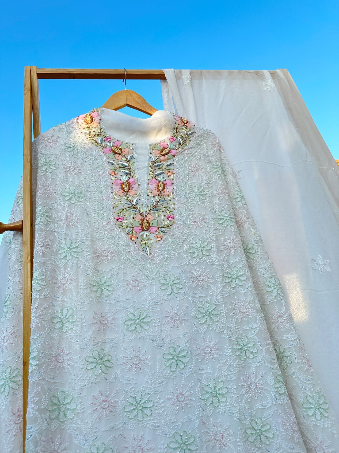 Moti Sheen Chikankari Parsi Gara Neckline Kurta Dupatta Set