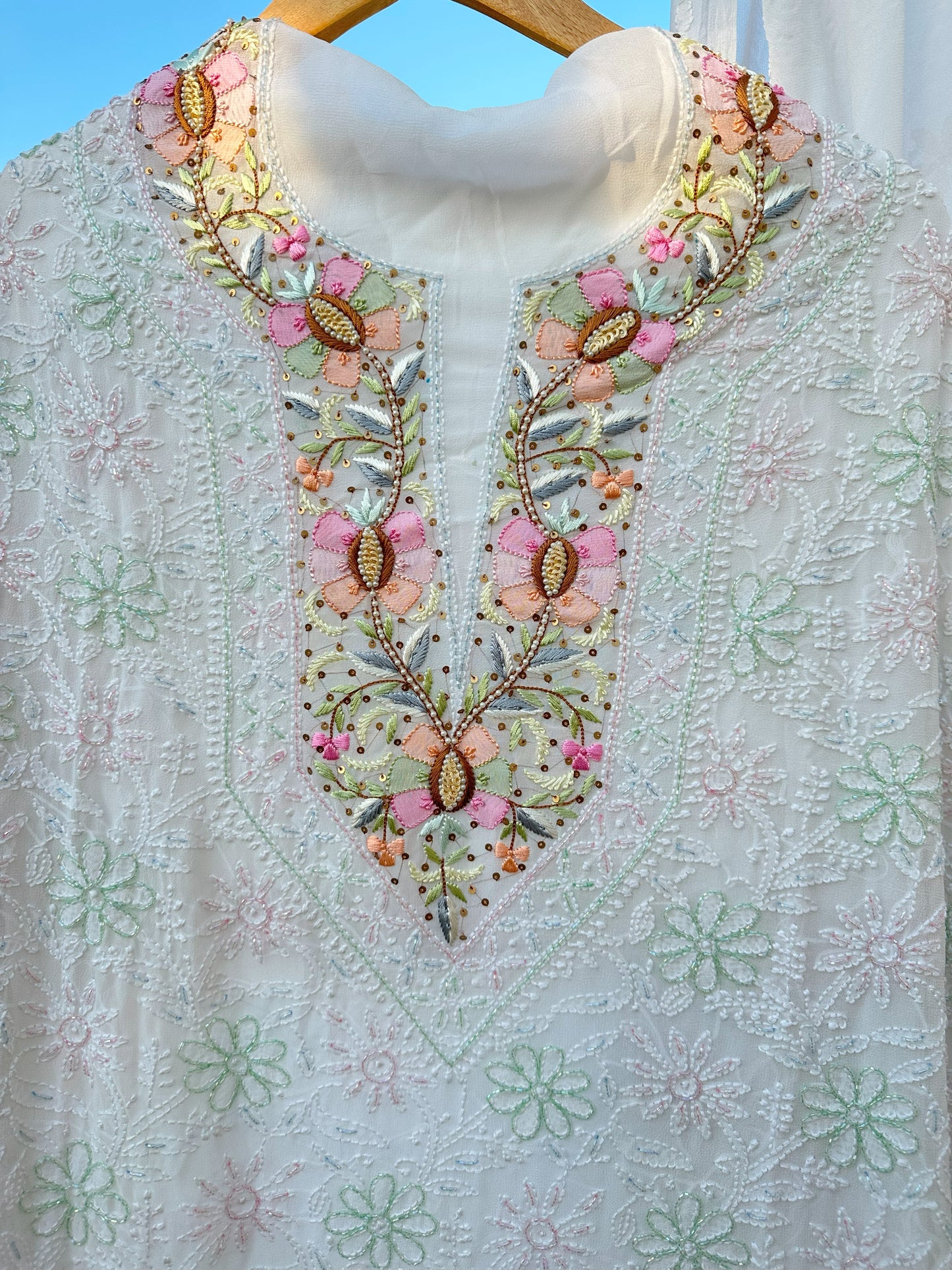 Moti Sheen Chikankari Parsi Gara Neckline Kurta Dupatta Set