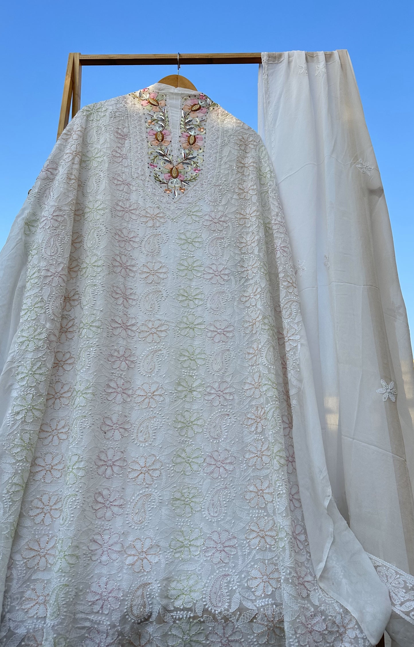 Moti Sheen Chikankari Parsi Gara Neckline Kurta Dupatta Set