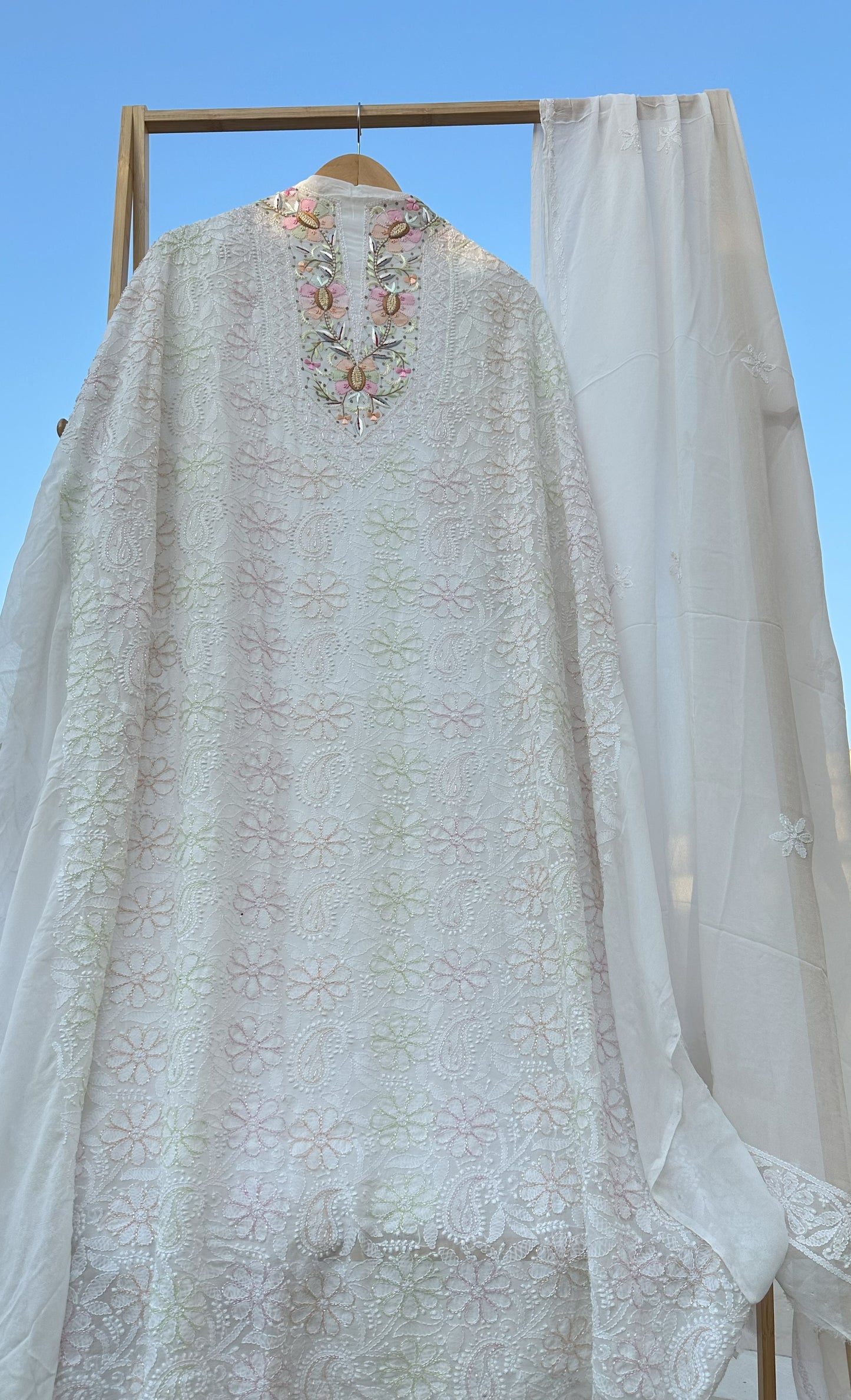 Moti Sheen Chikankari Parsi Gara Neckline Kurta Dupatta Set