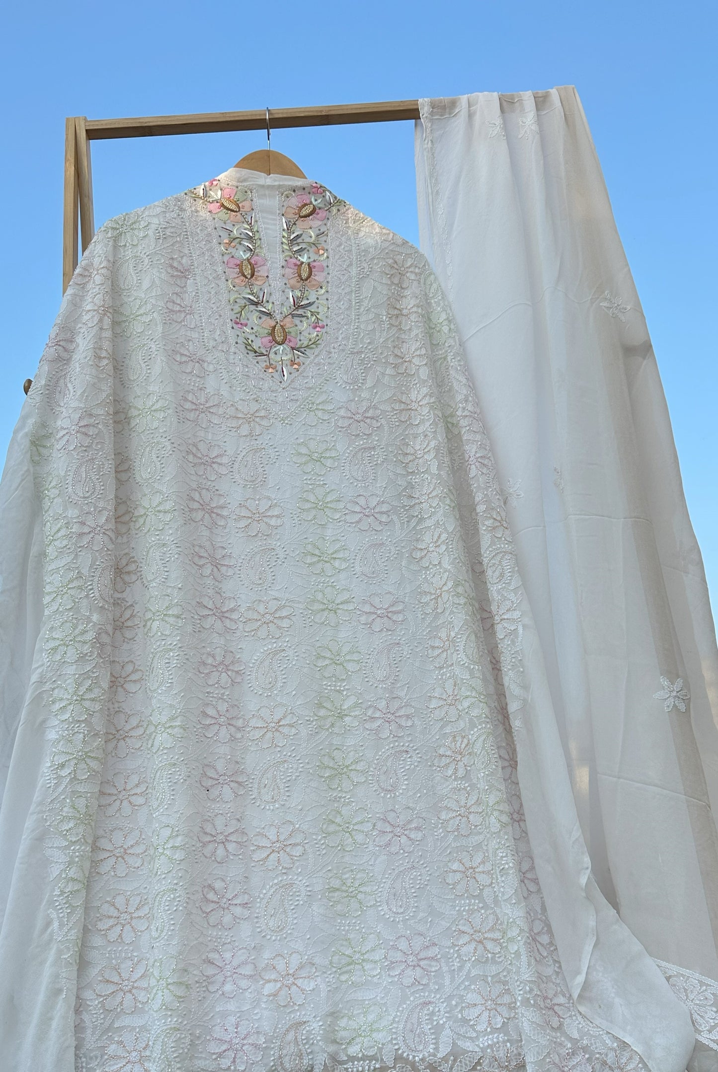 Moti Sheen Chikankari Parsi Gara Neckline Kurta Dupatta Set