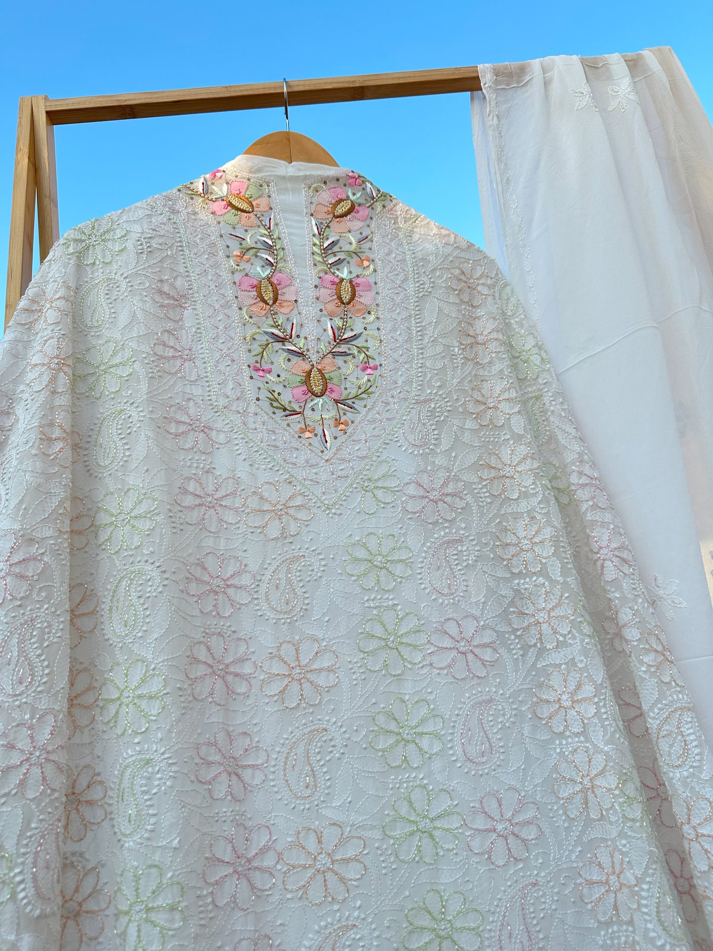 Moti Sheen Chikankari Parsi Gara Neckline Kurta Dupatta Set