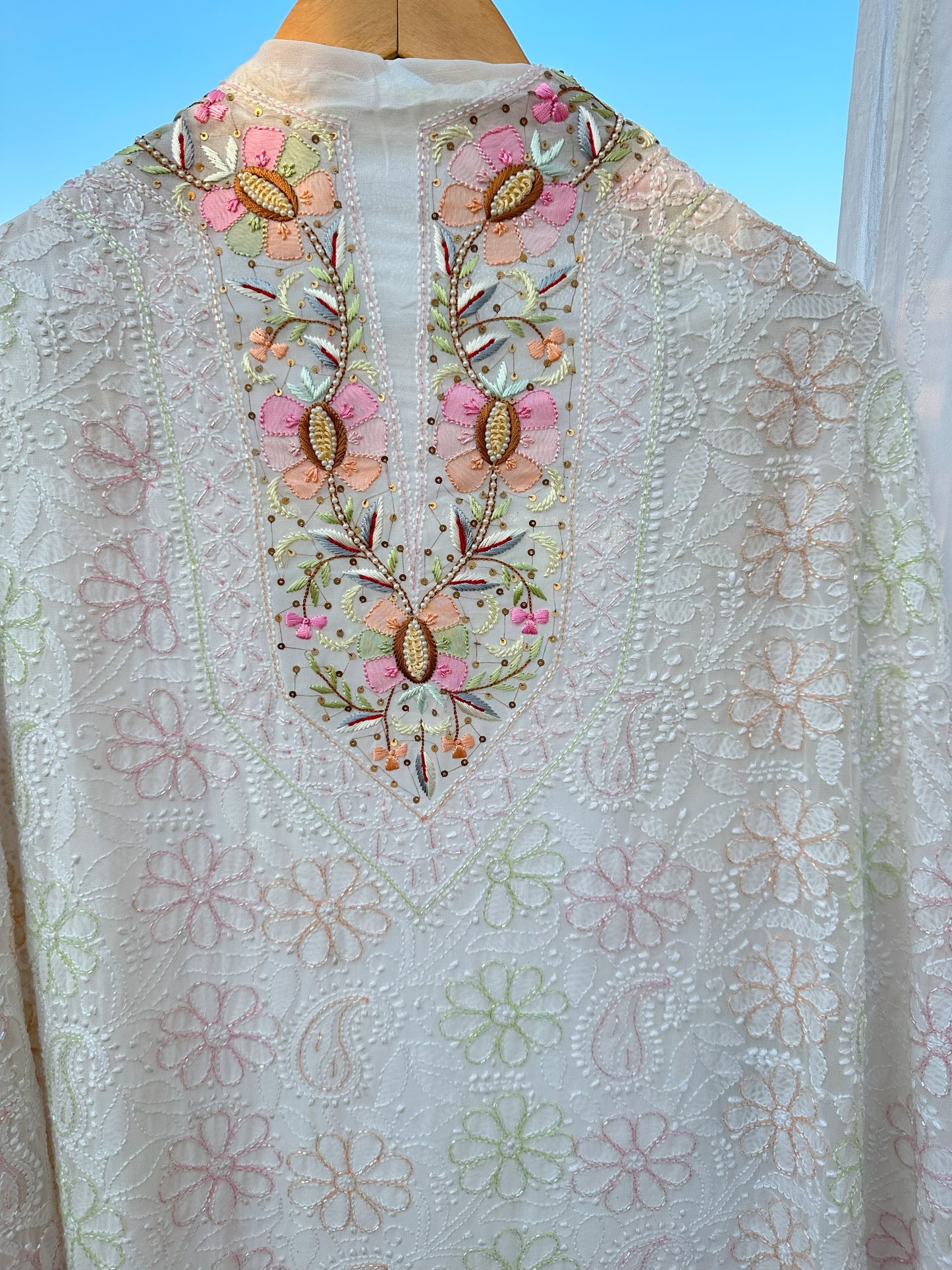 Moti Sheen Chikankari Parsi Gara Neckline Kurta Dupatta Set