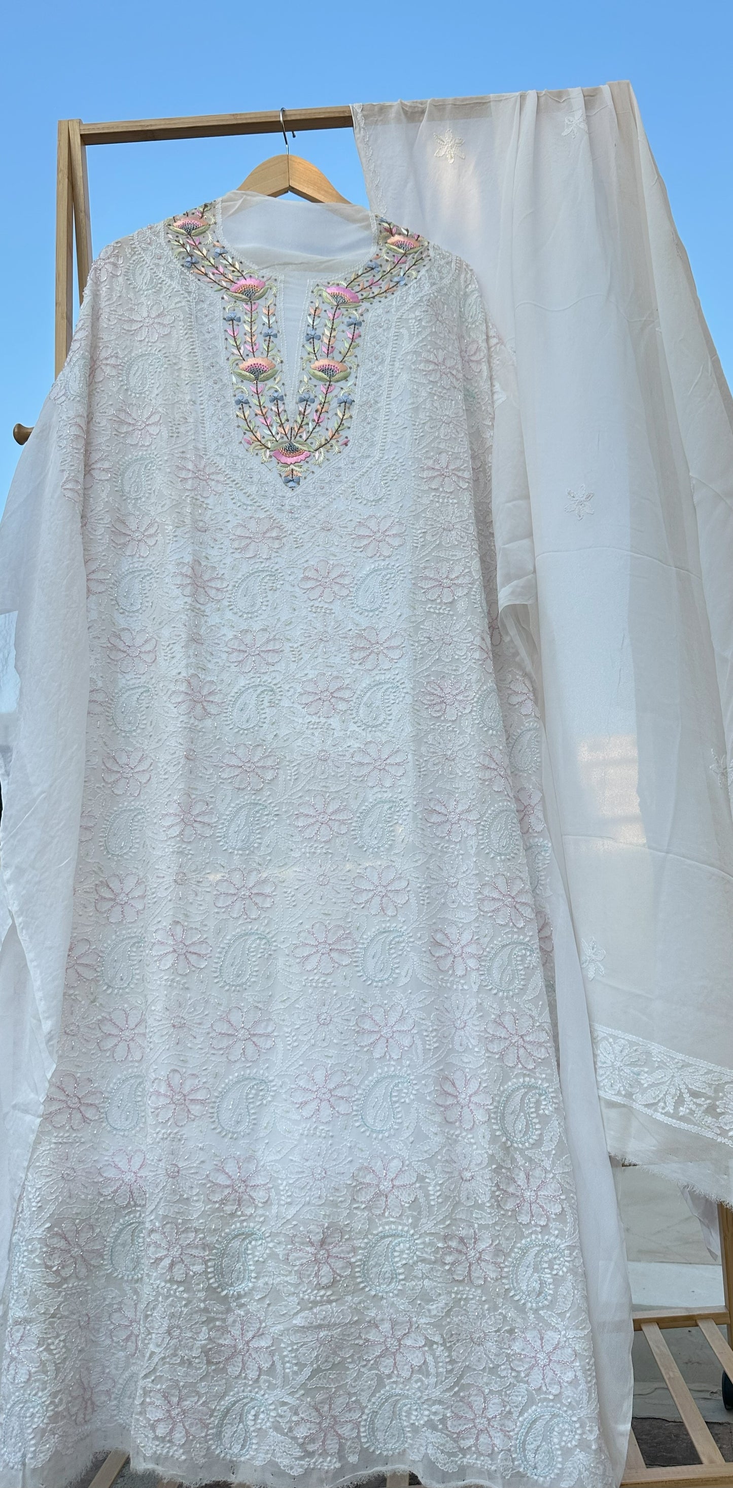 Moti Sheen Chikankari Parsi Gara Neckline Kurta Dupatta Set