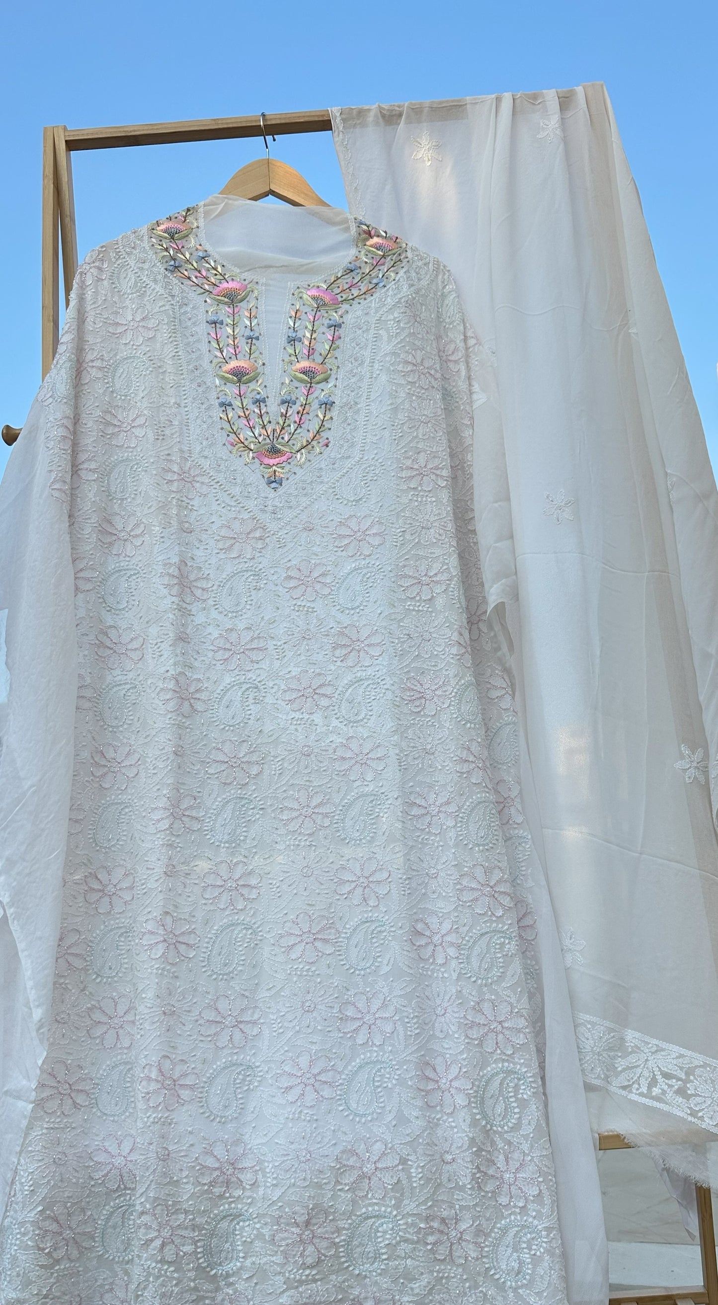 Moti Sheen Chikankari Parsi Gara Neckline Kurta Dupatta Set