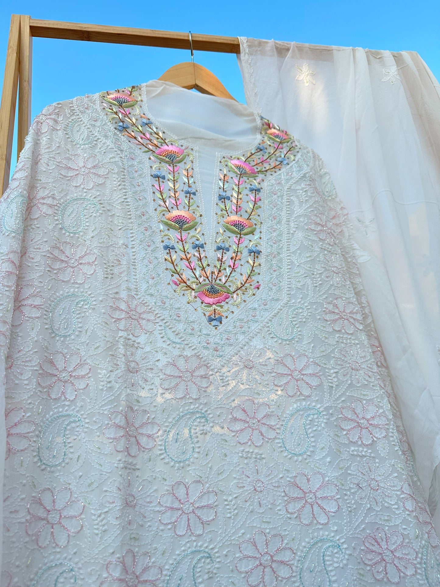 Moti Sheen Chikankari Parsi Gara Neckline Kurta Dupatta Set