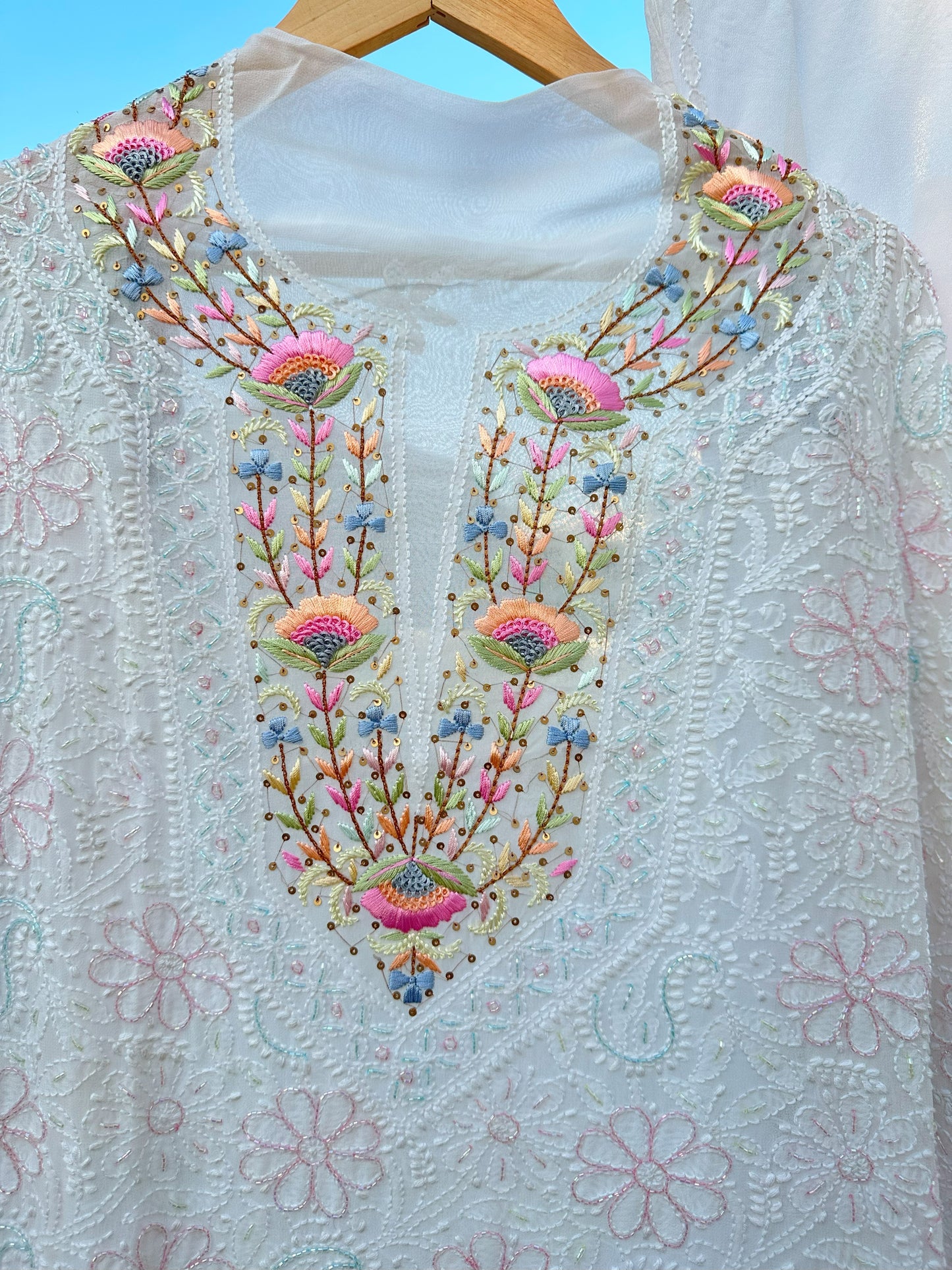 Moti Sheen Chikankari Parsi Gara Neckline Kurta Dupatta Set