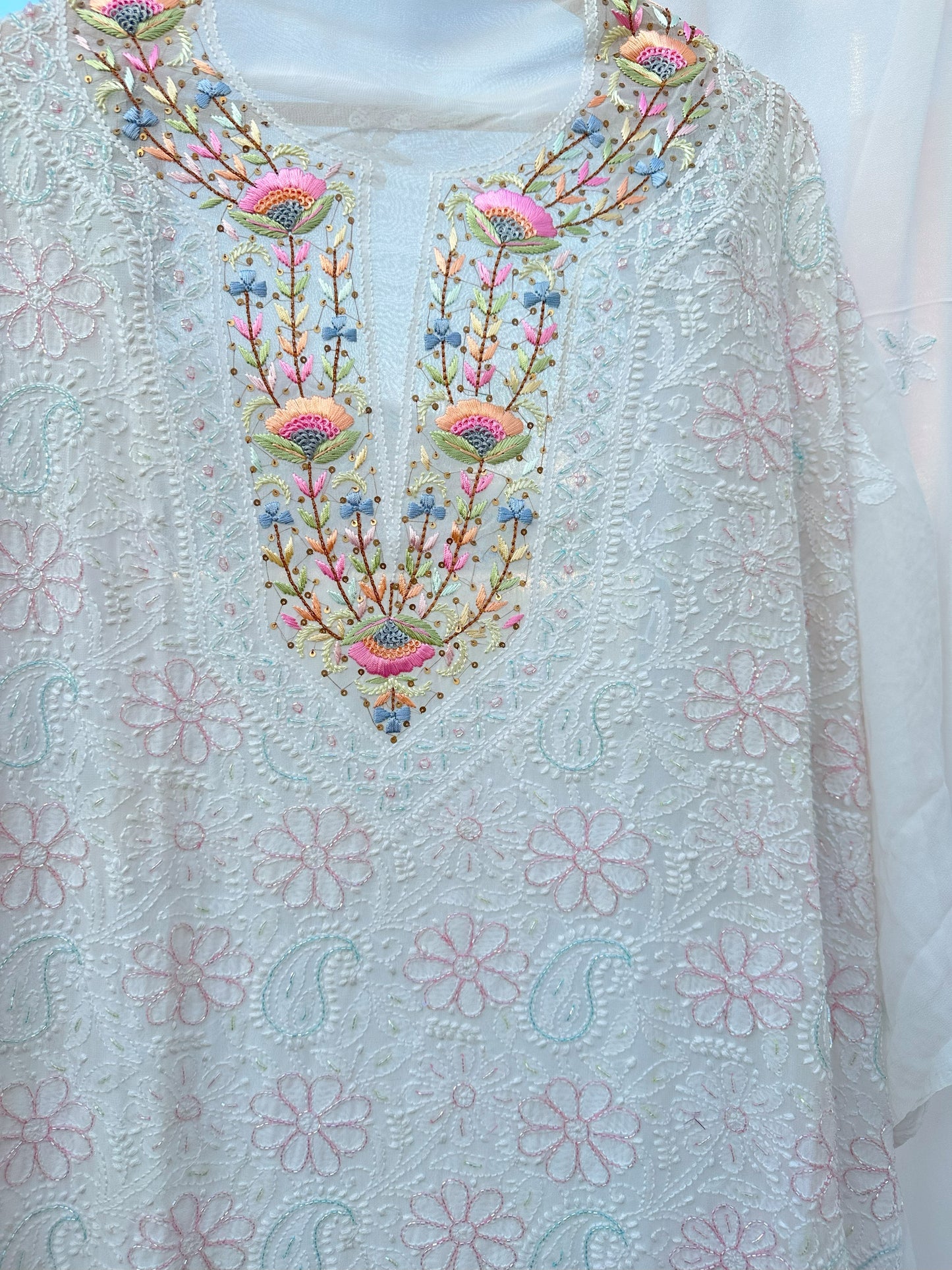 Moti Sheen Chikankari Parsi Gara Neckline Kurta Dupatta Set