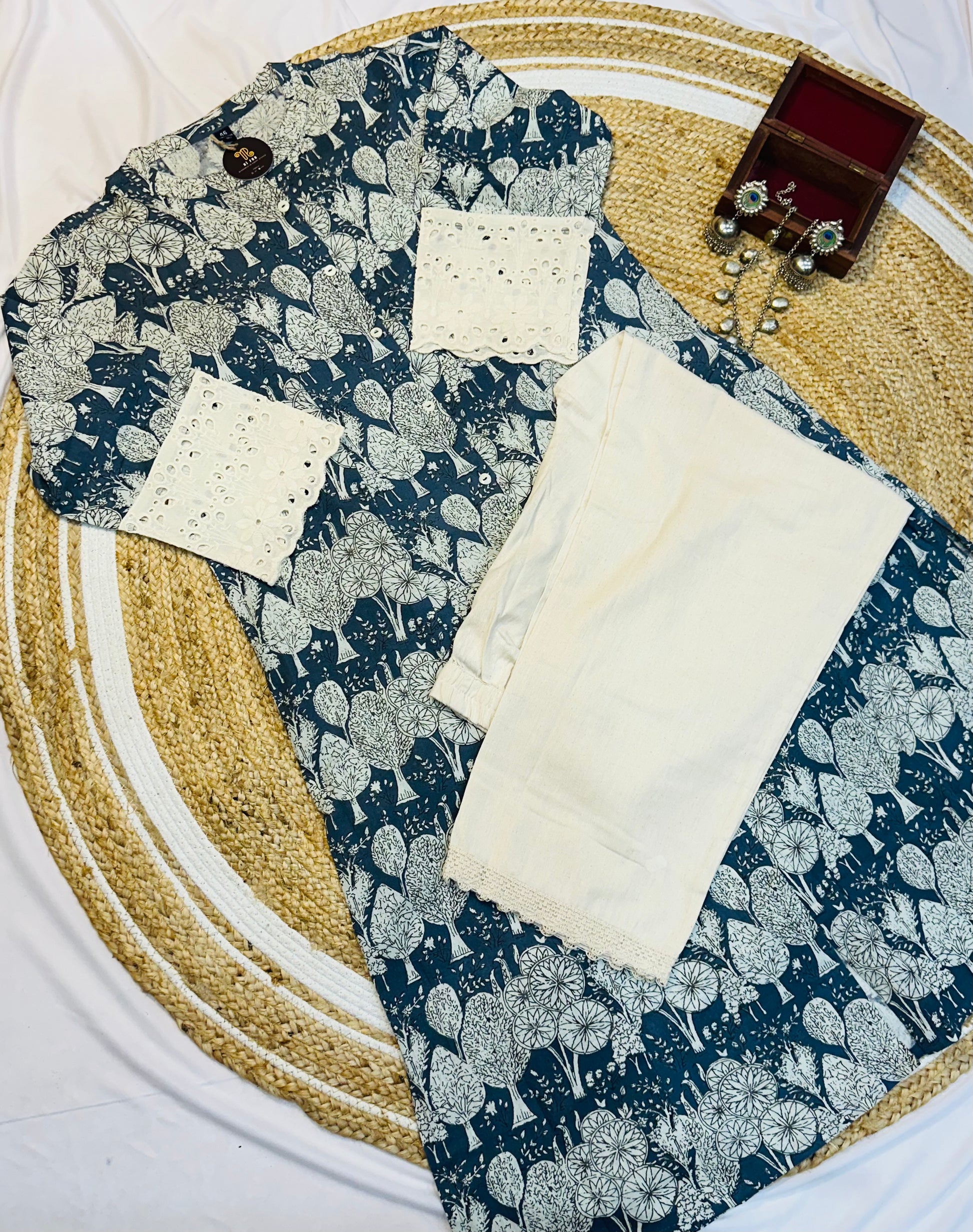 Lounge Wear Blue Pure Cotton Co-ord Set for Women - Comfortable Casual Two-piece Outfit for Daily Wear and Relaxation