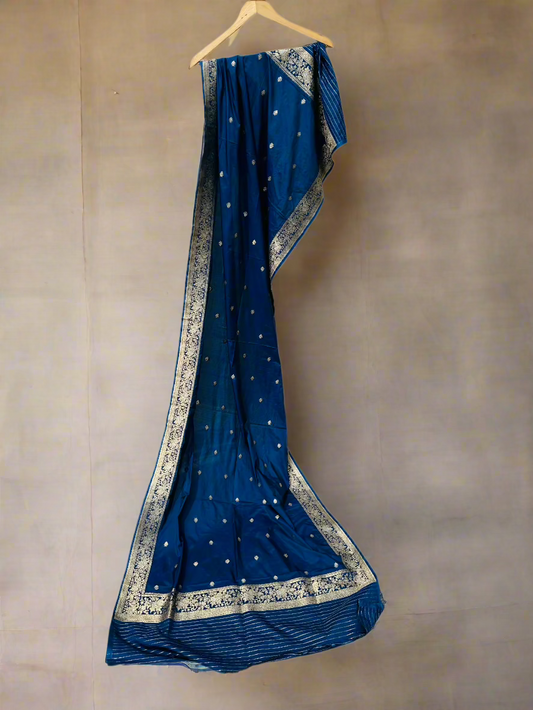 Blue Pure Katan Silk Banarasi Handloom Dupatta - Traditional Indian Silk Dupatta for Weddings and Festive Wear