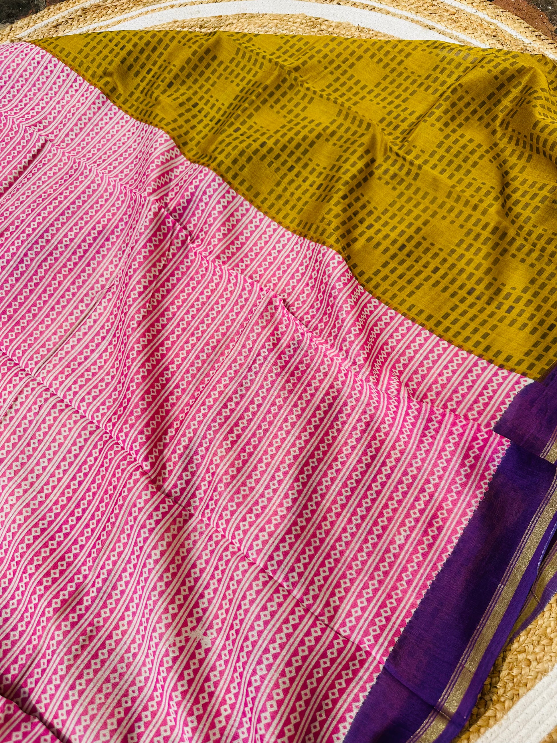 Brush Print Chanderi Cotton Saree in Pink and Olive Green - Lightweight Traditional Indian Saree for Casual and Festive Wear