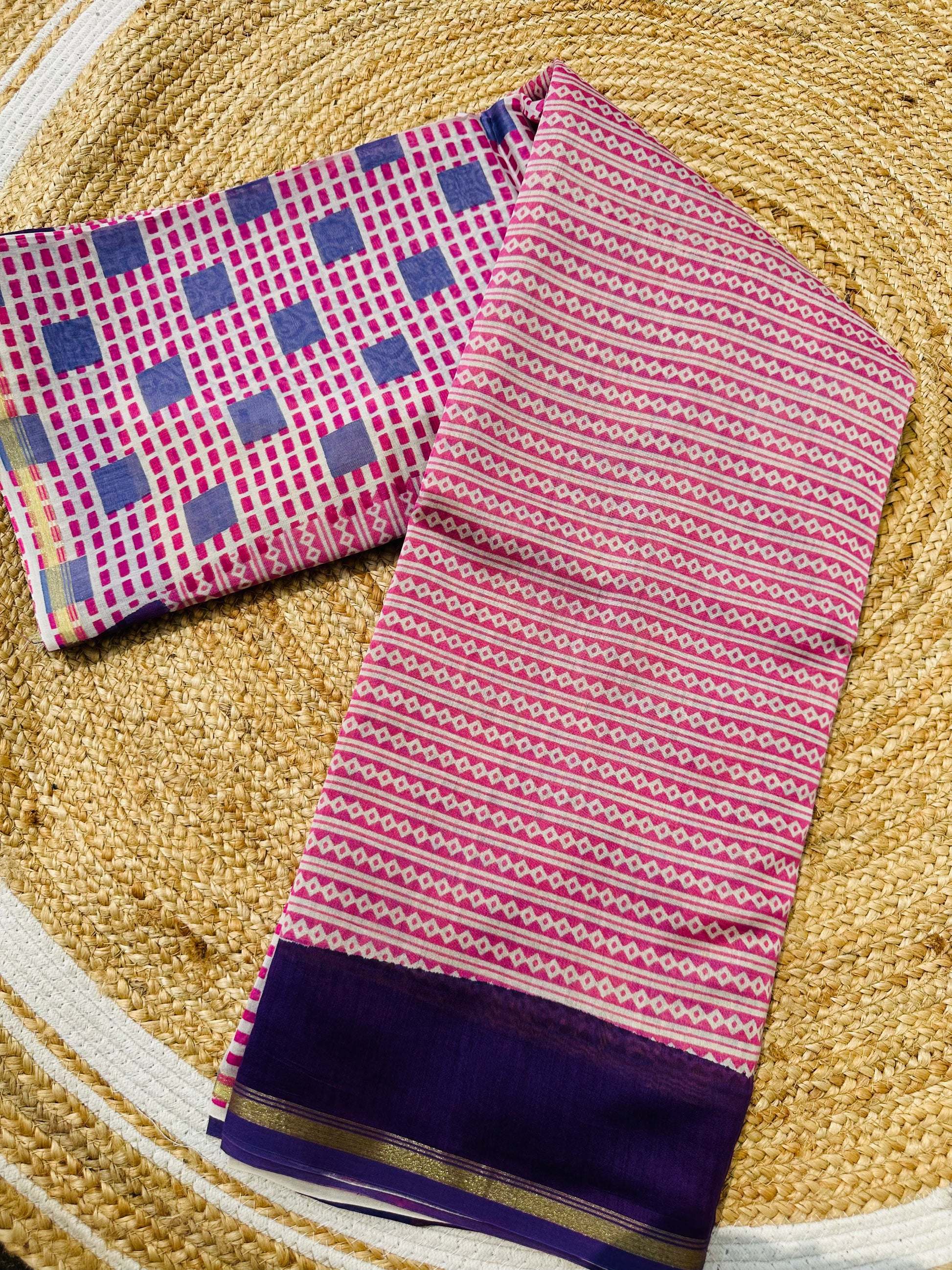 Brush Print Chanderi Cotton Saree in Pink and Olive Green - Lightweight Traditional Indian Saree for Casual and Festive Wear