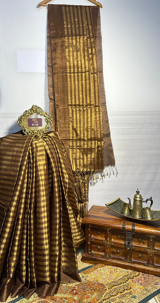 Handloom Stripe Tissue Chanderi Silk Saree in Gold and Coffee Brown - Elegant Traditional Indian Silk Saree for Weddings and Festive Occasions
