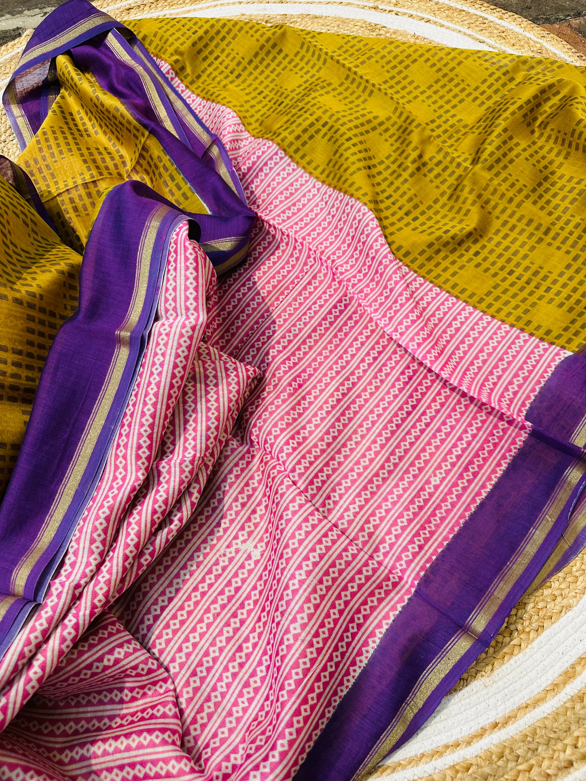 Brush Print Chanderi Cotton Saree in Pink and Olive Green - Lightweight Traditional Indian Saree for Casual and Festive Wear