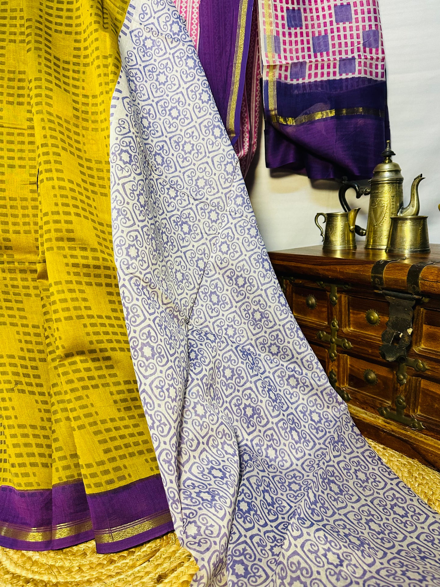 Brush Print Chanderi Cotton Saree in Pink and Olive Green - Lightweight Traditional Indian Saree for Casual and Festive Wear